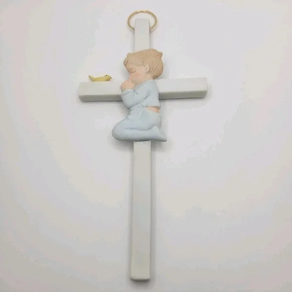Vintage‎ Lefton Praying Boy Cross Wall Hanging Porcelain 1985 Bird Figurine