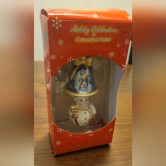 Vintage Holiday Celebration‎ Christopher Radko Bell & Snowman Ceramic Ornament