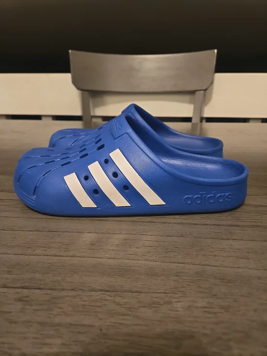 adidas Blue Slip-On Clogs with White Stripes