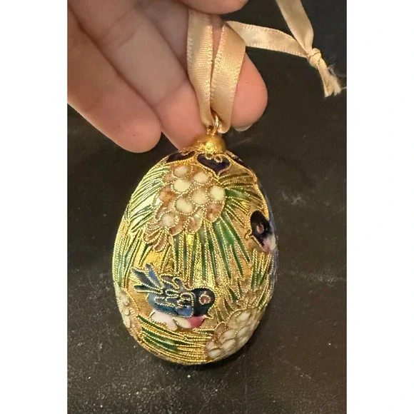 Holiday Christmas Ornament Gold Cloisonne Enamel Bird Floral Egg Decorative