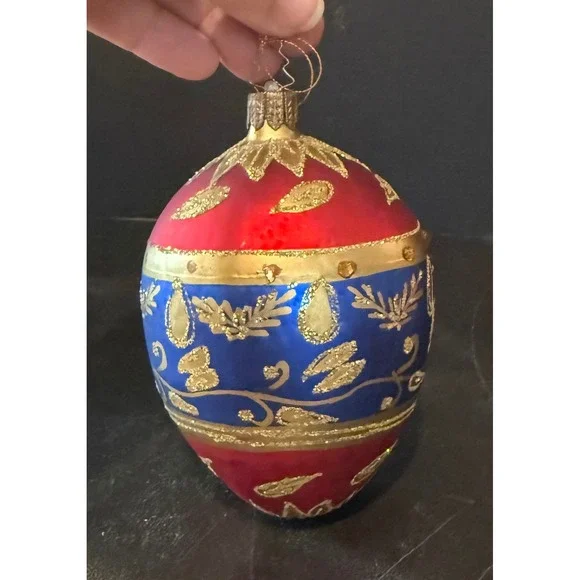 Large Egg Christmas Holiday Ornament Red Blue Gold Glitter Rhinestone Glass