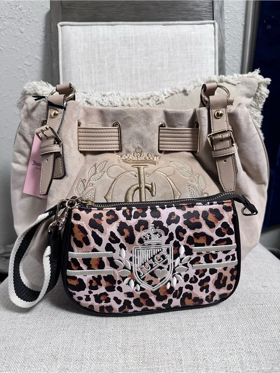 Juicy Couture Beige Suede Shoulder Bag with Leopard Wristlet
