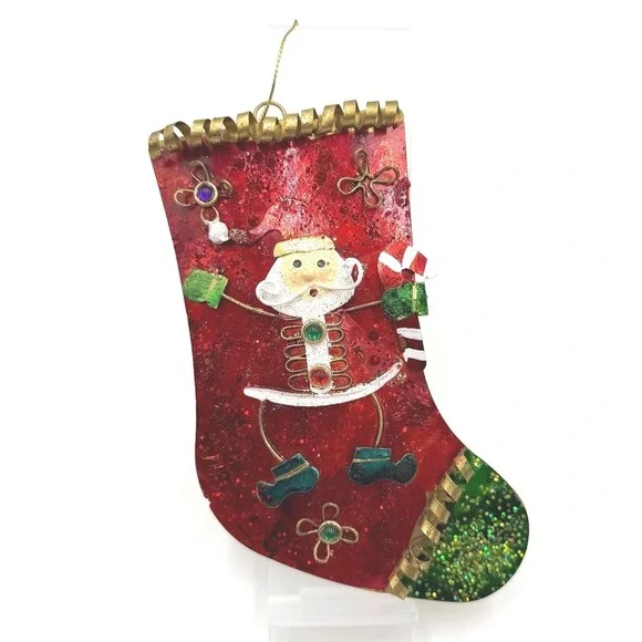 Christmas Stocking Ornament Metal Santa Claus Candy Cane‎ Red Green Glitter