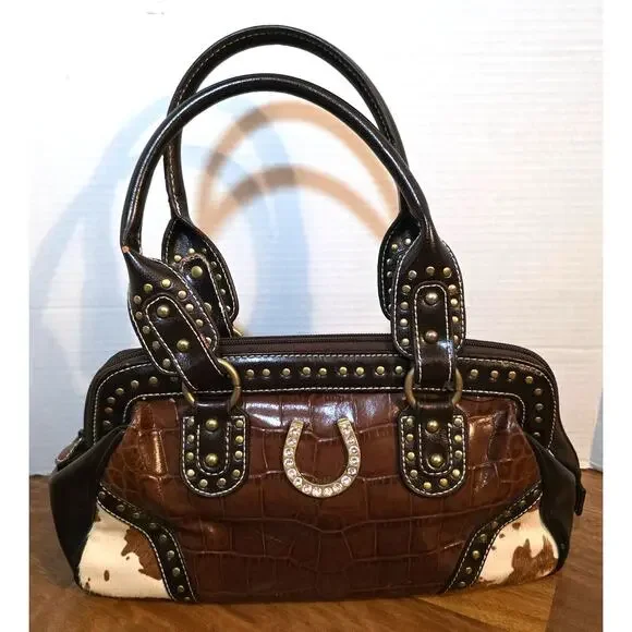 Western Studded Horseshoe Handbag Satchel Purse Croc Embossed Cowhide