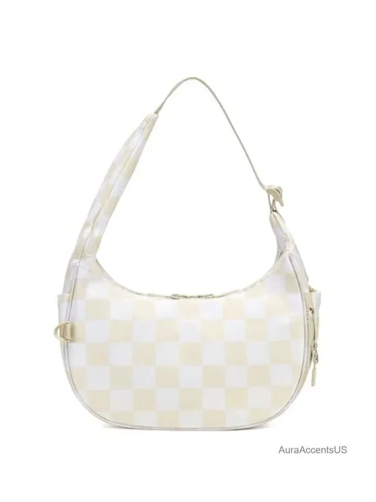 Checkered Crescent Shoulder Bag Nylon Hobo Purse with Anti-Theft Pocket