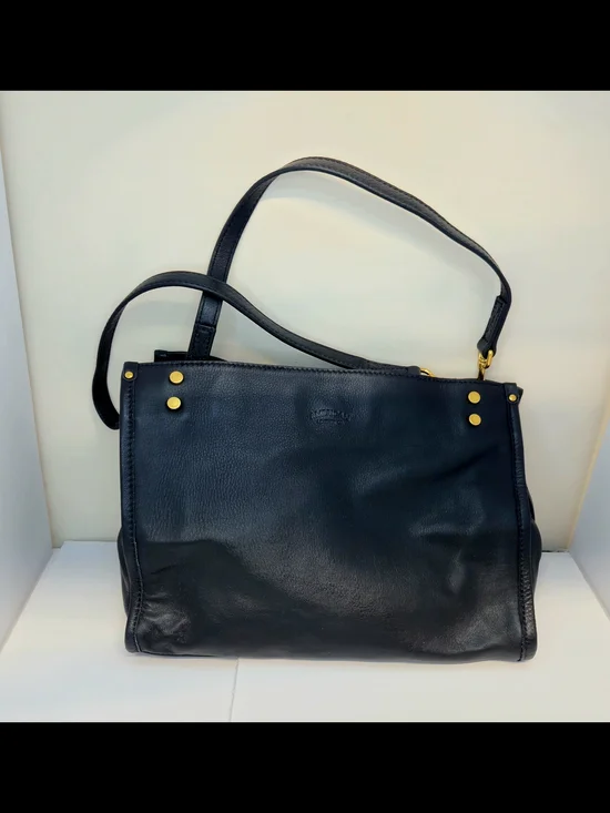 Elegant Black Leather Shoulder Bag with Gold Stud Details