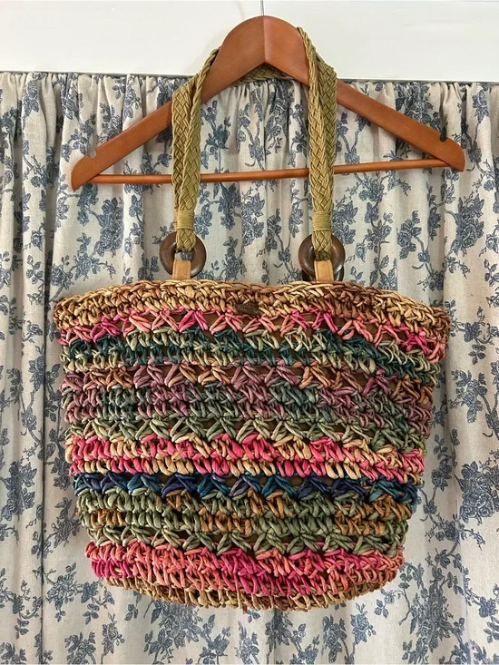 Handwoven Multicolor Straw Tote Bag - Neutral & Pink Accents