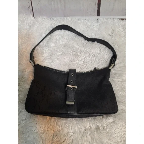Francesco Biasia Black Monogram Jacquard Leather Trim Shoulder Bag Buckle Detail