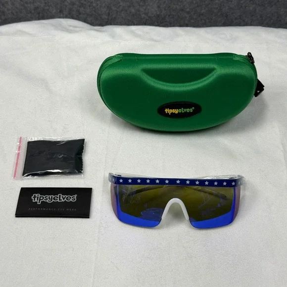 Tipsy Elves Patriotic USA‎ Shield Sunglasses Blue Mirror Stars Stripes with Case