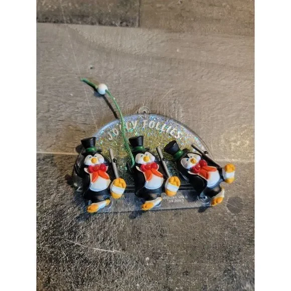 Hallmark 1987 Jolly Follies Dancing Penguins Pull String xmas ornament AS‎ IS