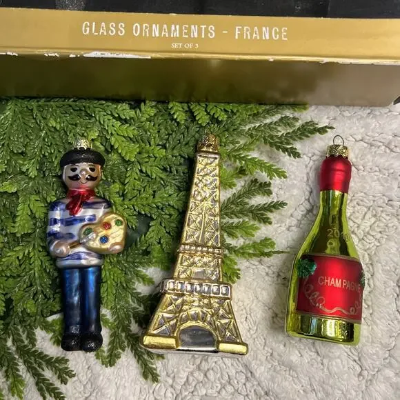 World Market Glass Christmas Ornaments Paris France Eiffel Tower Champagne Art