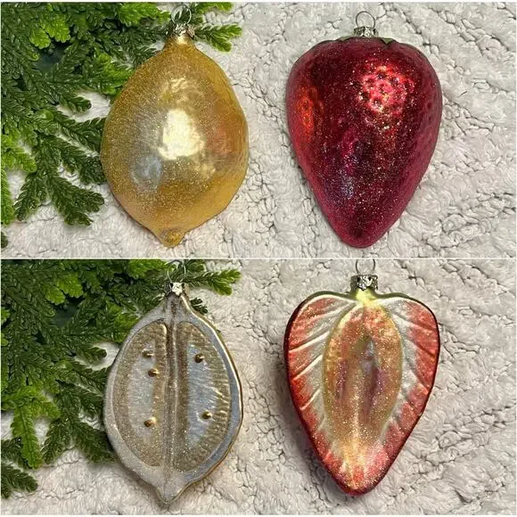 Vintage Set of 2 Lemon & Strawberry Glass Glitter Half Fruit Ornaments