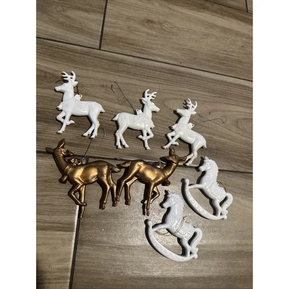 Vintage Christmas ornaments Lot of 7 Blow Mold-plastic reindeer & rocking horses