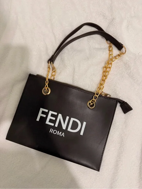 Fendi Black Leather Shoulder Bag with White Logo and Gold Chain