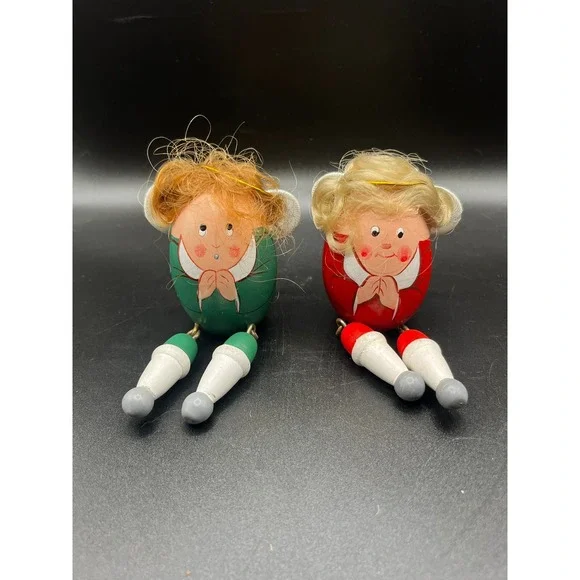 Vintage Wood Angel Ornament Set of 2‎ Figurines Red Green Articulating Legs