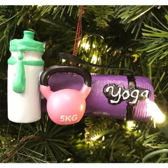 Exercise Themed‎ Ornament Christmas Tree Yoga Mat Water Bottle Weight Workout