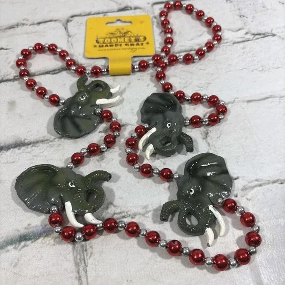 Toomeys Authentic Mardi Gras Party Beads Figural Elephant Beads‎ Red Silver New