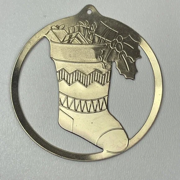 1983 Flat Brass Christmas Stocking and Toy Etched Ornament