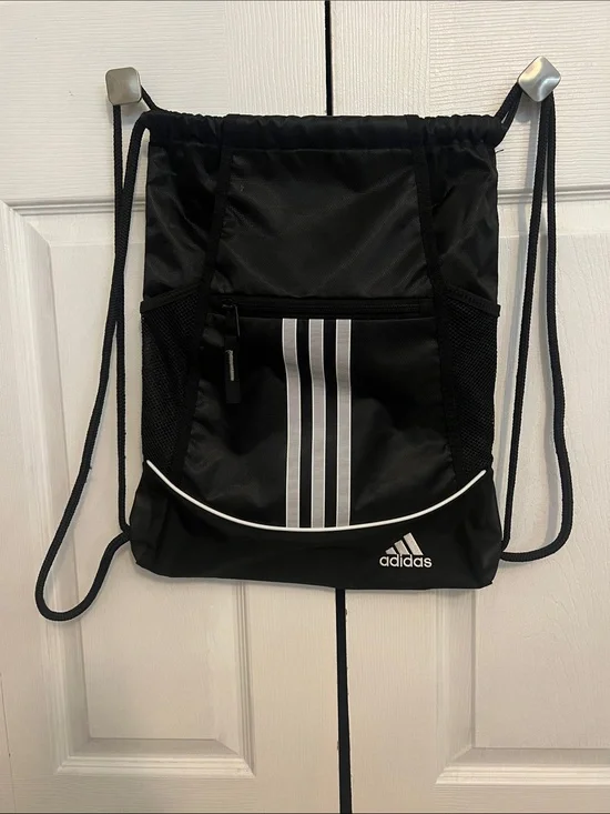 adidas Black Drawstring Duffel Sack with White Stripe Accents