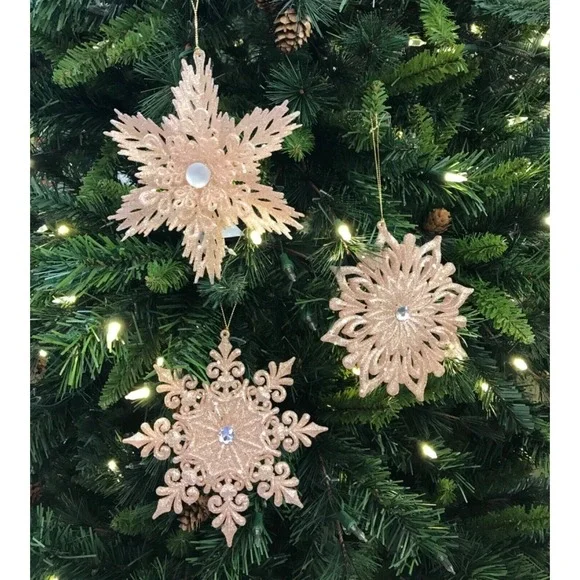 3 Snowflake Christmas Ornaments Pink‎ Blush 6 in Unique Styles Bead Rhinestone