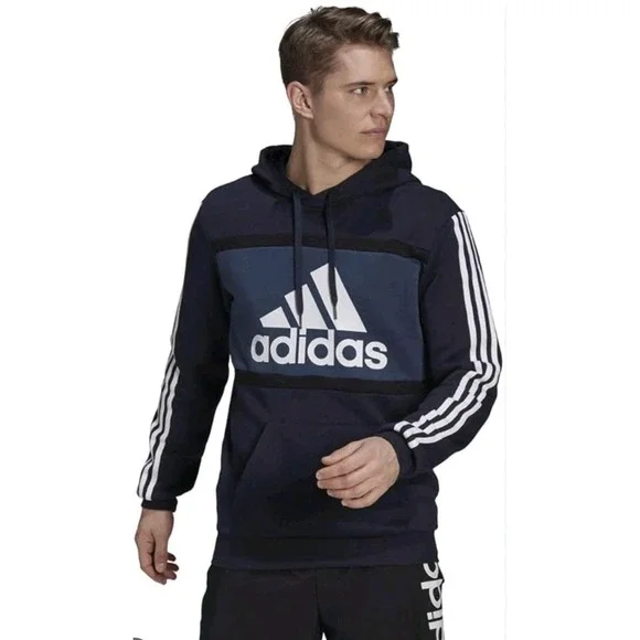 Adidas Mens L Essentials‎ CB Fleece Hoodie Pullover Sweatshirt Navy Blue Stripe