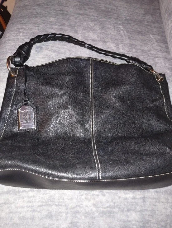 Ralph Lauren Black Pebbled Leather Braided-Handle Shoulder Bag