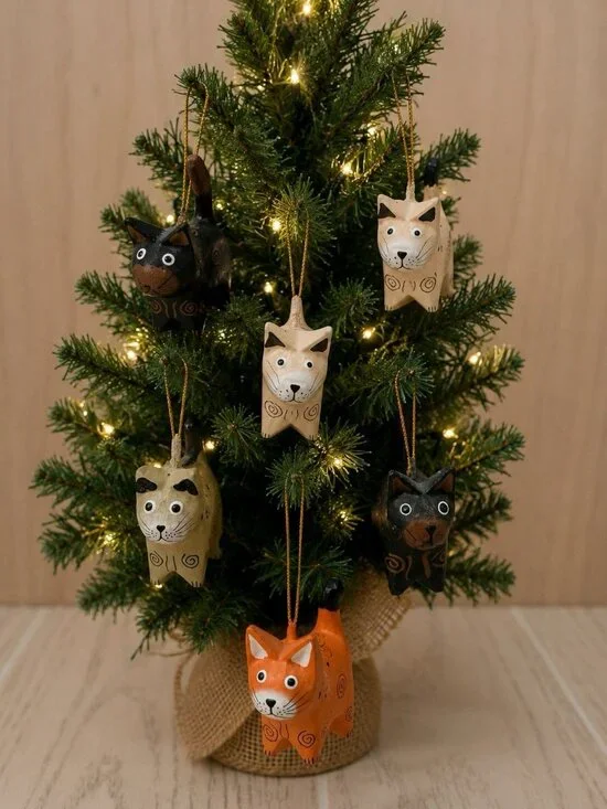 Set of 5 Handmade Hand Painted Wooden Cat Christmas Tree Ornaments Folk Art
