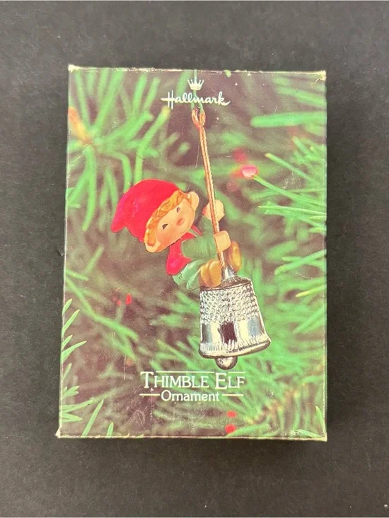 Vintage 1980 Hallmark Thimble Elf Christmas Tree Ornament In Box 3