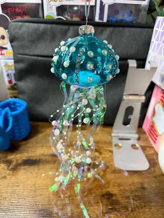 Blue Glass Jellyfish Christmas Ornament with Pearl and Rhinestone Accents