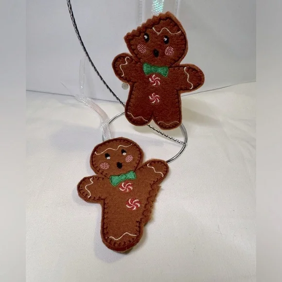 gingerbread ornament handmade set of 2 iridescent ribbon to hang on tree 4”
