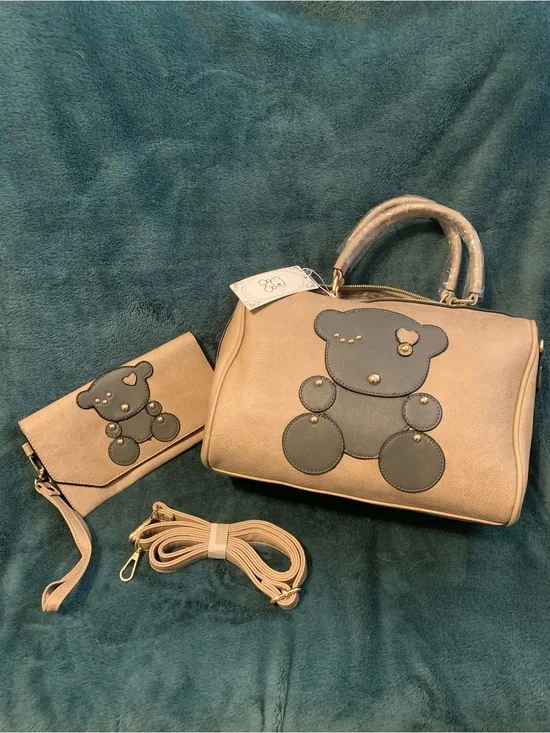 Beige Teddy Applique Satchel Handbag with Wristlet and Strap