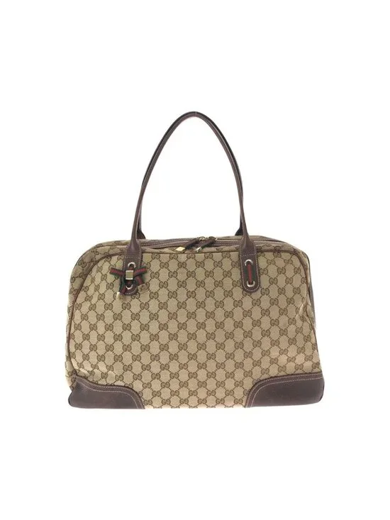 Gucci Sherry Line Principe Beige Brown GG Canvas Leather Tote Shoulder