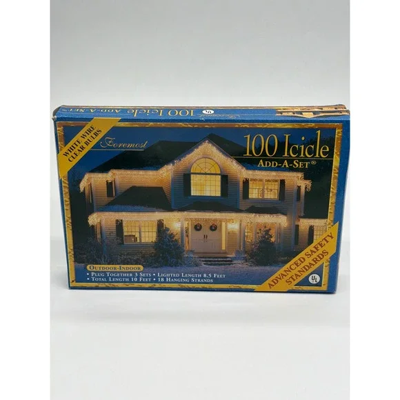 Foremost 100 Icicle Add-A-Set Clear Bulbs White Wire Indoor Outdoor Lights 88101