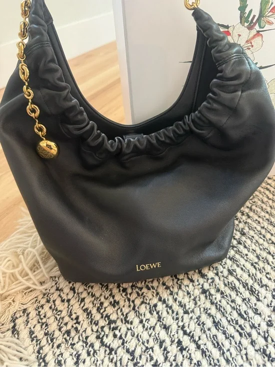 LOEWE Black Leather Squeeze small Hobo Bag with Gold Chain