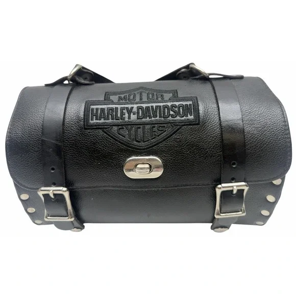 Harley-Davidson Black Leather Barrel Bag Purse Handbag w/ Shoulder Strap