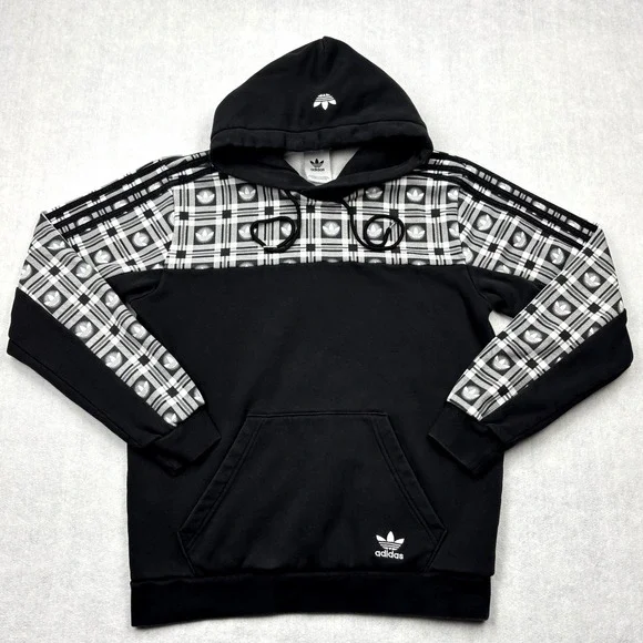 adidas Originals Hoodie Mens Small Black White Plaid Tartan Pullover Fleece
