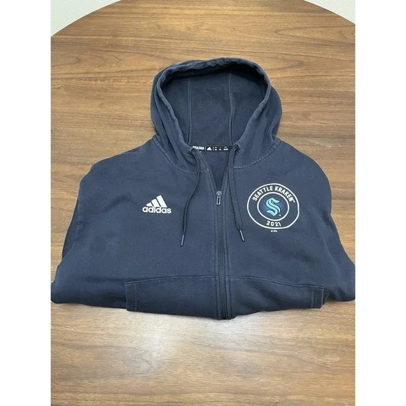 Seattle Kraken 2XL NHL Hockey Hoodie Large 2021 Adidas 3-Stripe Full Zip Pockets