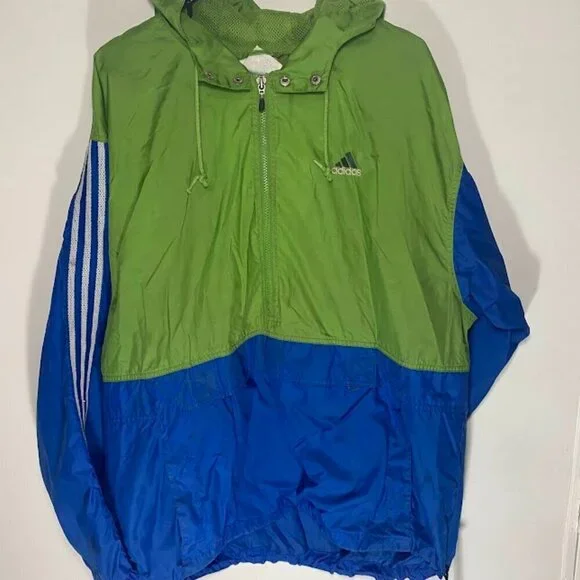 Adidas Vintage Green Blue Color Block Windbreaker Pullover Jacket