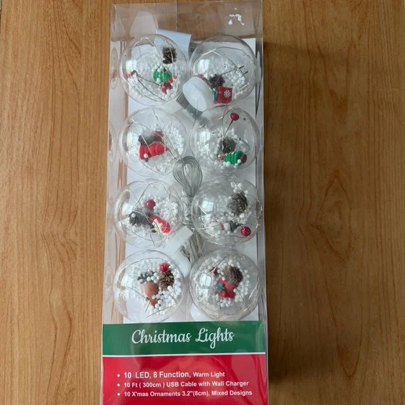 10’ Christmas Snowglobe LED String Lights 8 Function Warm Light USB Cable