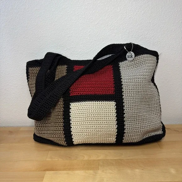 The Sak Crochet‎ Hobo Bag Colorblock Geometric Black Red Tan Shoulder Bag Boho