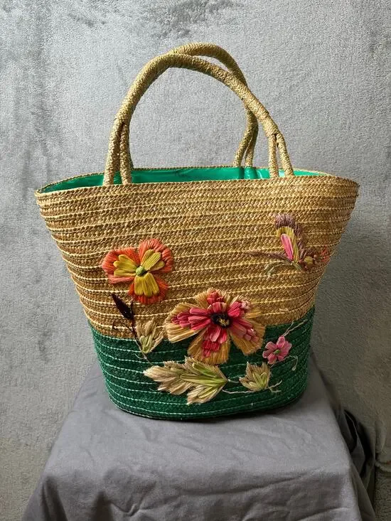 Vintage Embroidered Straw Tote Bag Floral Butterfly Cottagecore Coastal Grandma