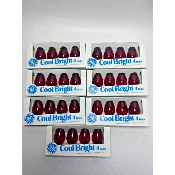 Vtg GE Cool Bright Christmas Light Bulbs Red 7 Packs‎ 28 Bulbs C7-CB USA NOS