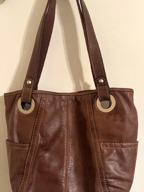 Fossil Brown Leather Shoulder Tote Bag Large Double Handle
