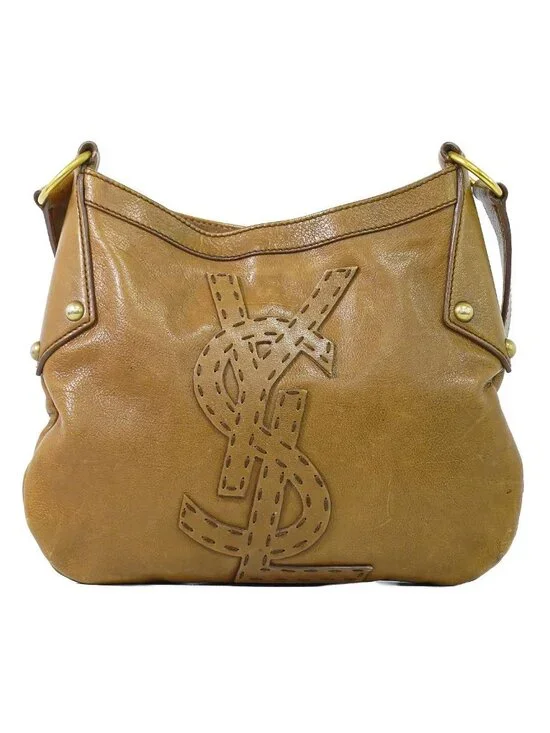 Saint Laurent YSL Rive Gauche Stitch Logo Shoulder Bag Leather Brown