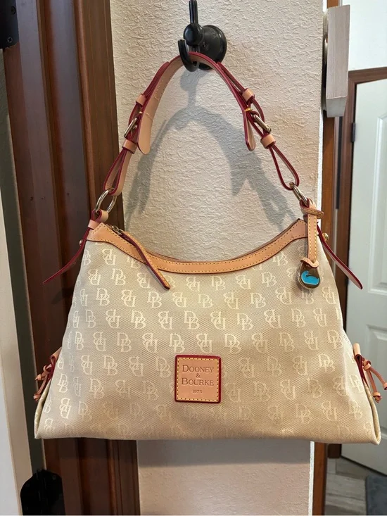 Dooney & Bourke Beige Logo Canvas Shoulder Bag with Tan Accents