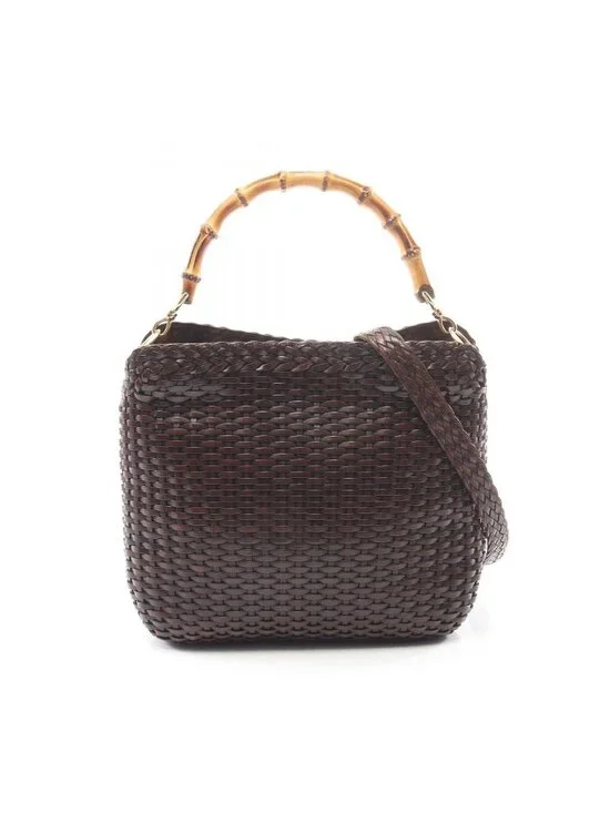 Gucci Handbag Bamboo 2-Way 001 Dark Brown Leather Braided Shoulder