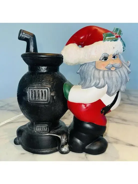 RARE Vintage Handmade Santa Coal Furnace Ceramic Lamp Light Up Christmas Kitsch