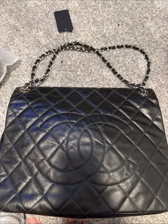 Black Quilted Leather Shoulder Bag with Chain Strap