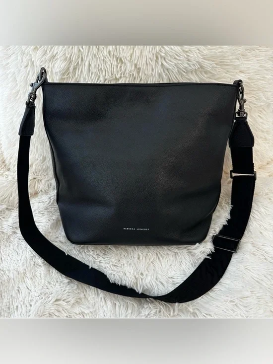 Rebecca Minkoff Regan Black Pebbled Leather Bucket Crossbody Shoulder Bag