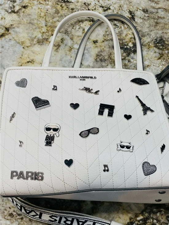 Karl Lagerfeld White Quilted Embellished Shoulder Bag